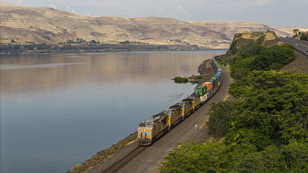 UP's Chicago-Portland Z train hustles along the Columbia River near Rufus, Oregon, August 23, 2025. Photo by&nbsp;Mike Yuhas